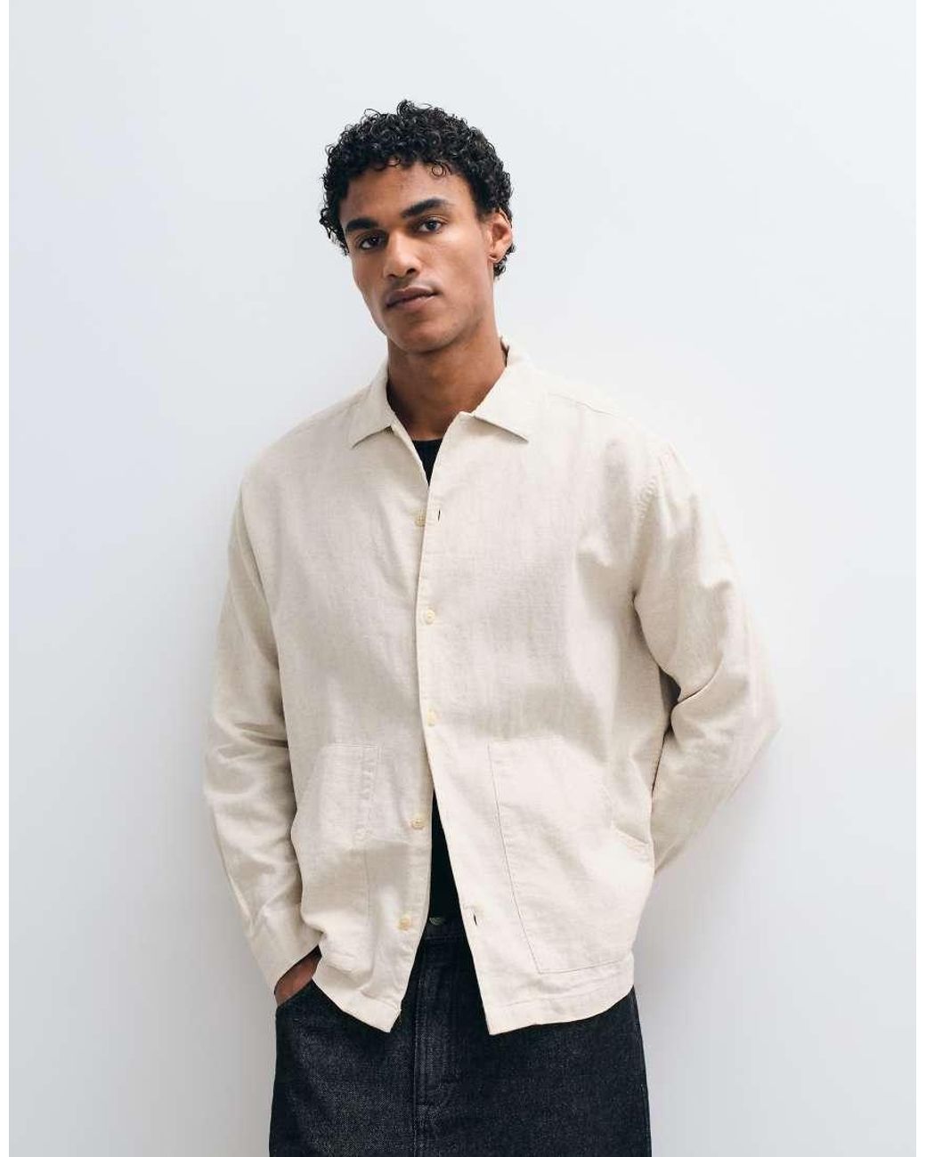 ASOS Natural Relaxed Linen Blend Shirt With Double Pockets for men