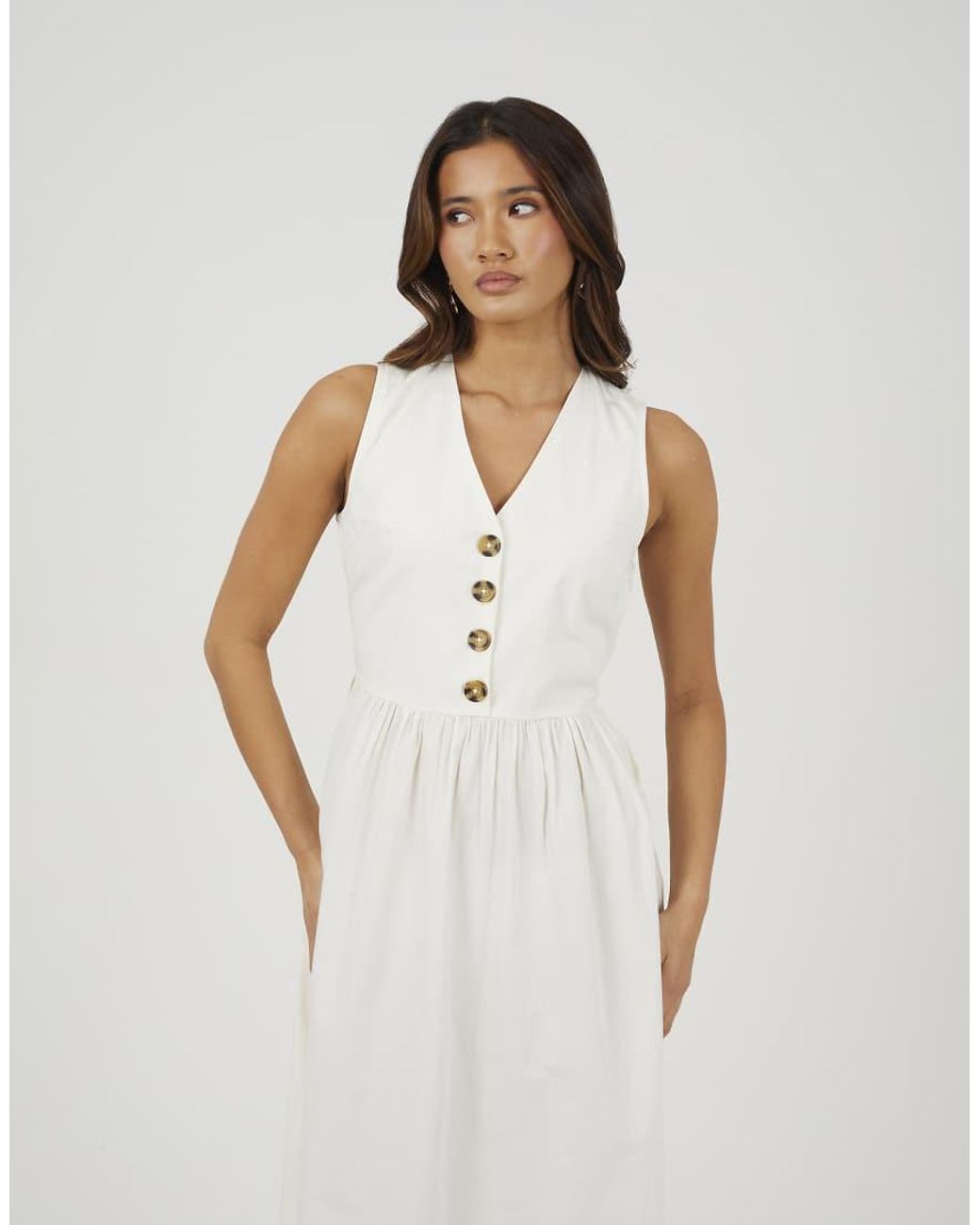 Brave Soul White Sleeveless V-Neck Button Down Midi Dress