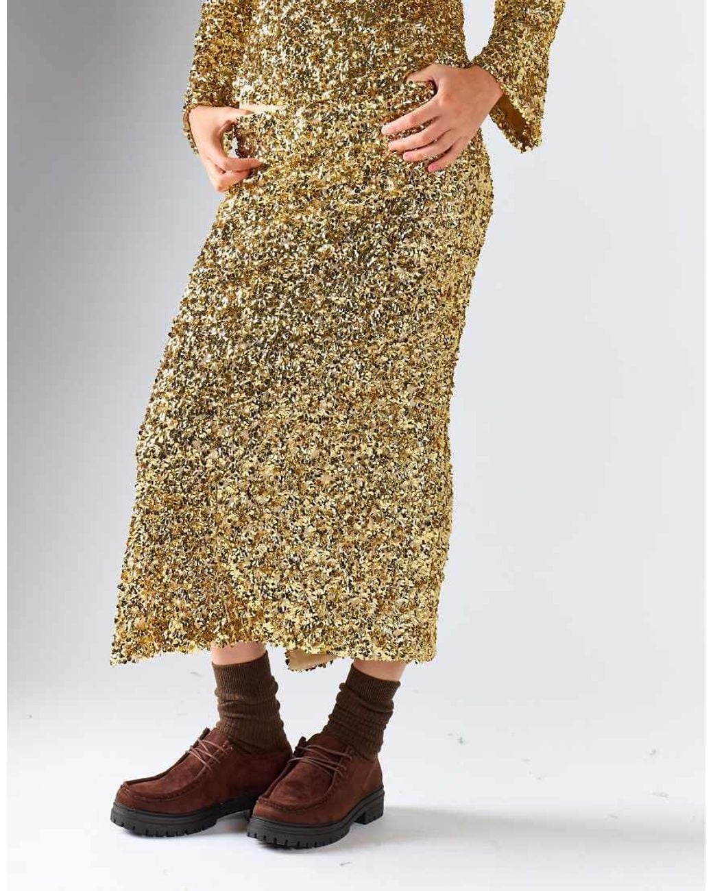 Glamorous Metallic Side Slit Midi Skirt