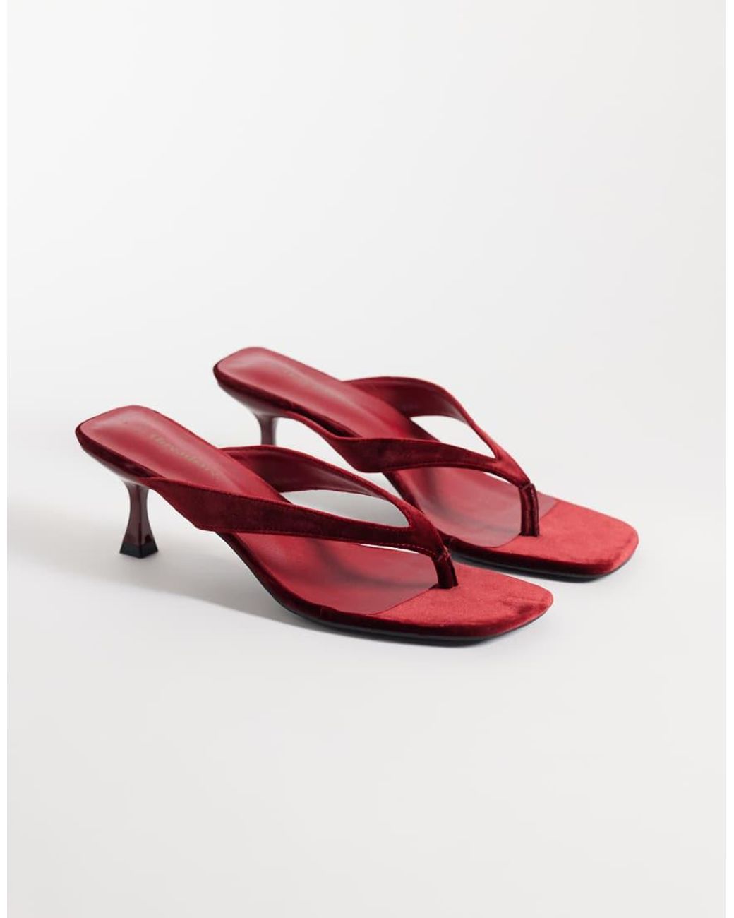 Threadbare Red Velvet Toe Thong Kitten Heel Sandals