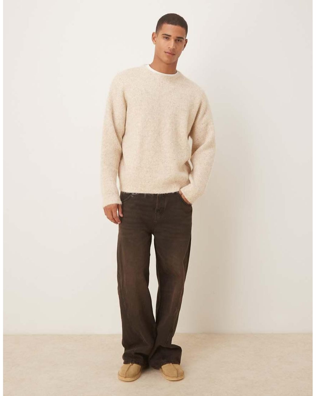 ASOS Natural Oversized Knitted Crew Neck Wool Jumper for men