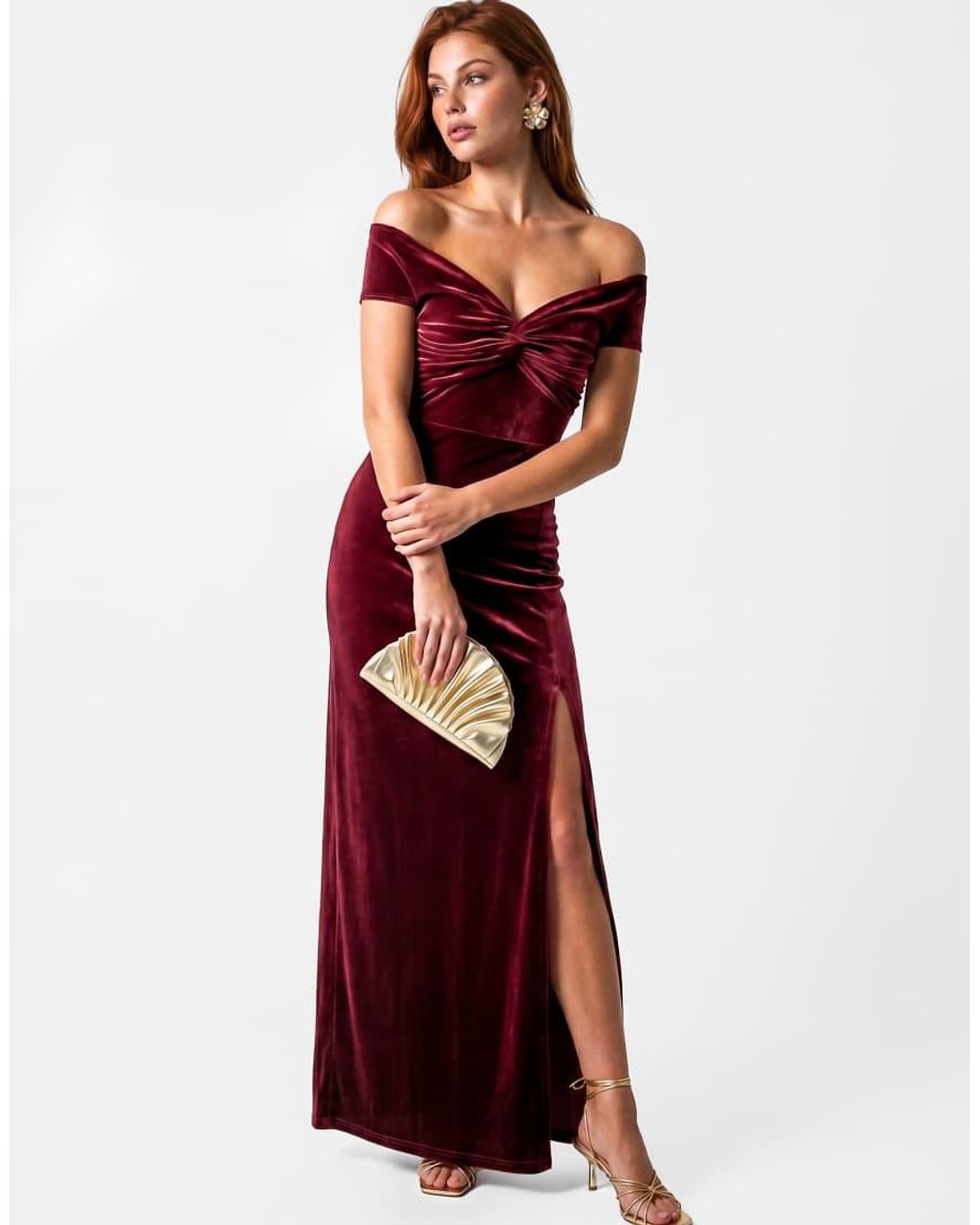 Maya Red Twist Front Bardot Velvet Maxi Dress