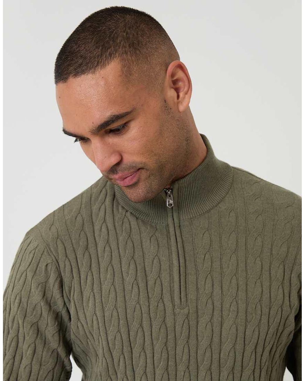 Threadbare Green Cable Knit Quarter Zip Jumper for men