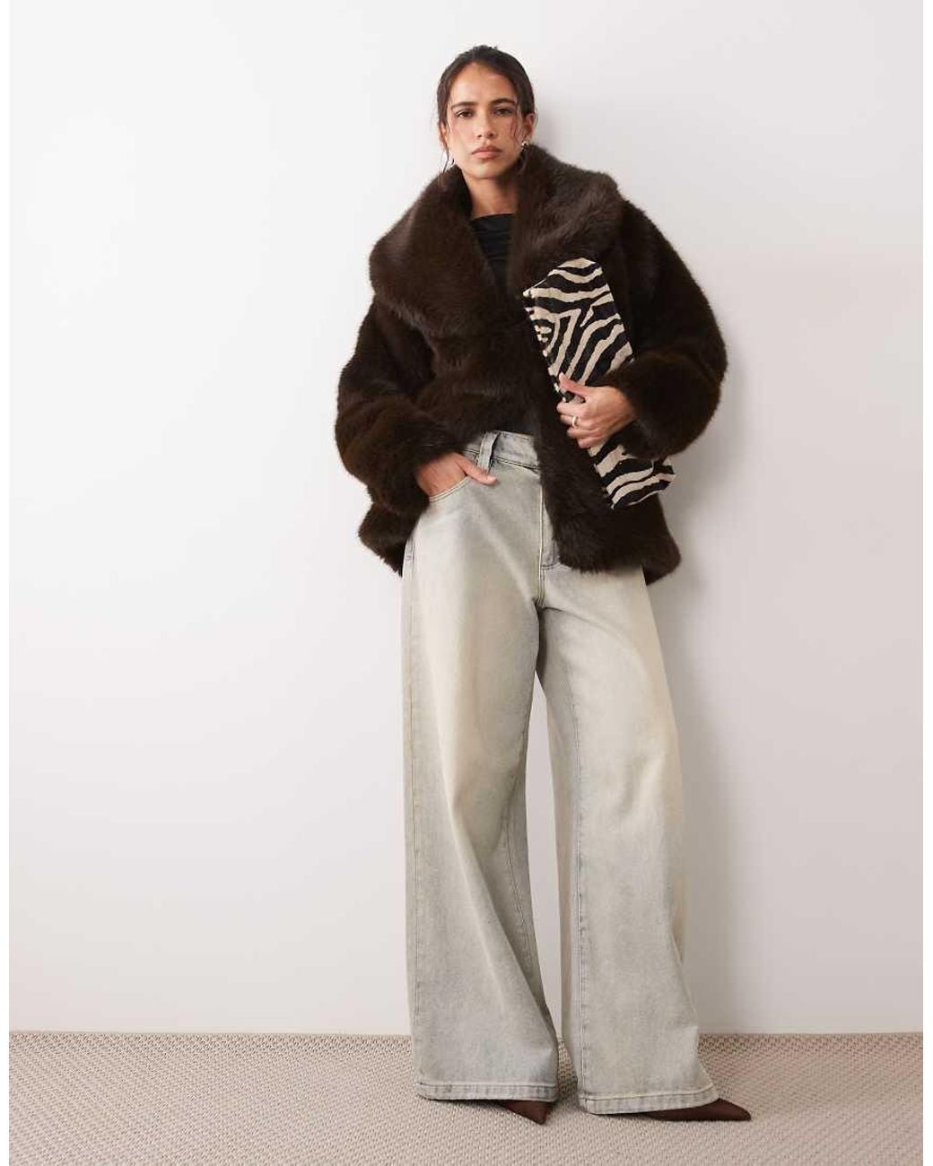 4th & Reckless Black Faux Fur Oversized Collar Jacket