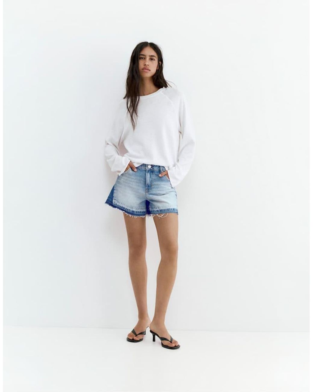 Pull&Bear White Patchwork Denim Bermuda Shorts