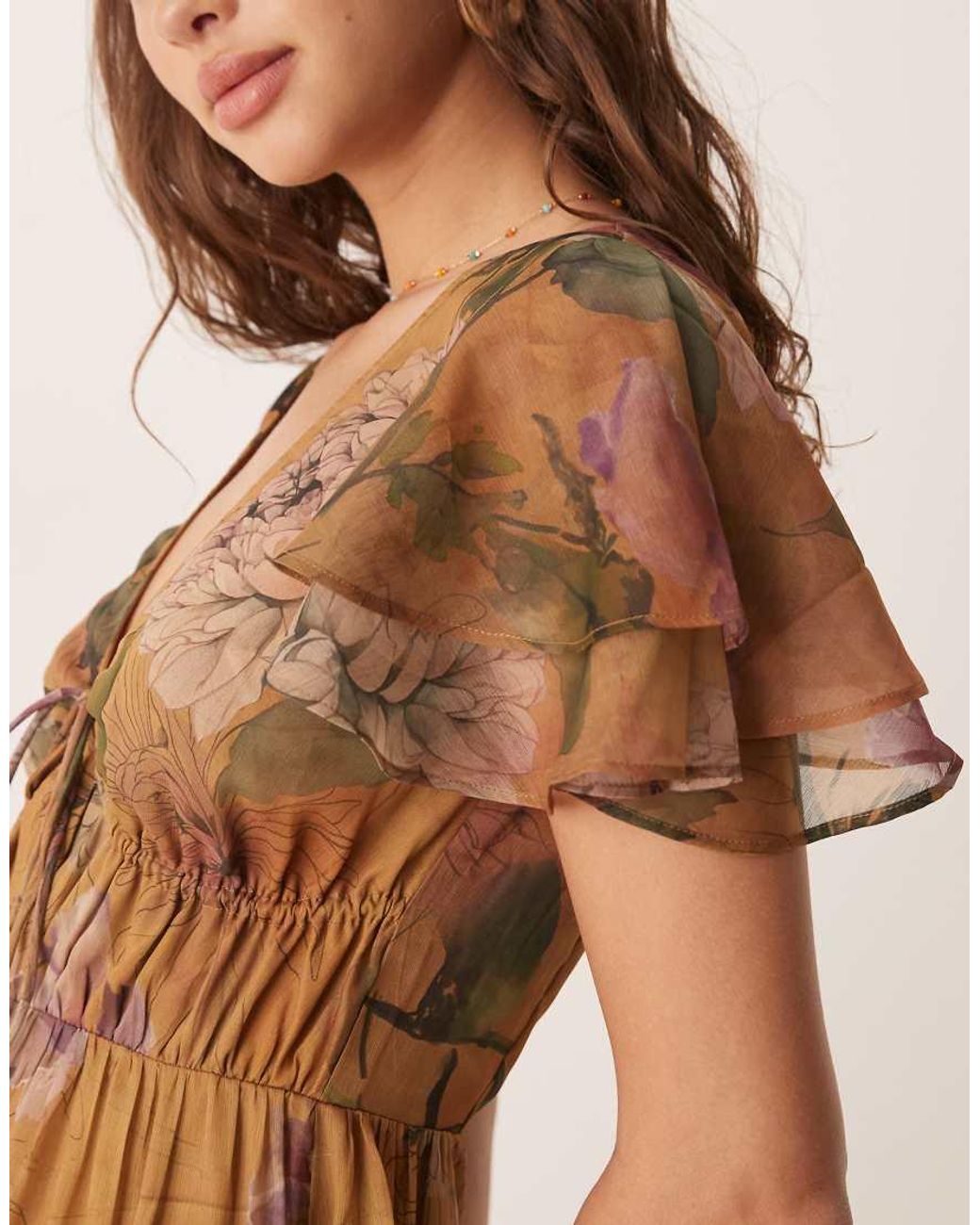 ASOS Natural V Neck Angel Sleeve Cut Out Maxi Dress