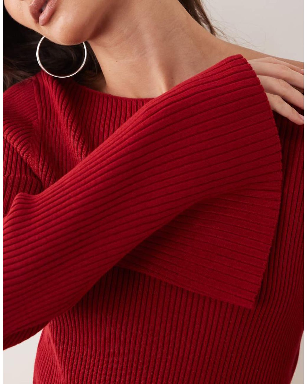 Miss Selfridge Red Rib Knit Slash Neck Flare Sleeve Top