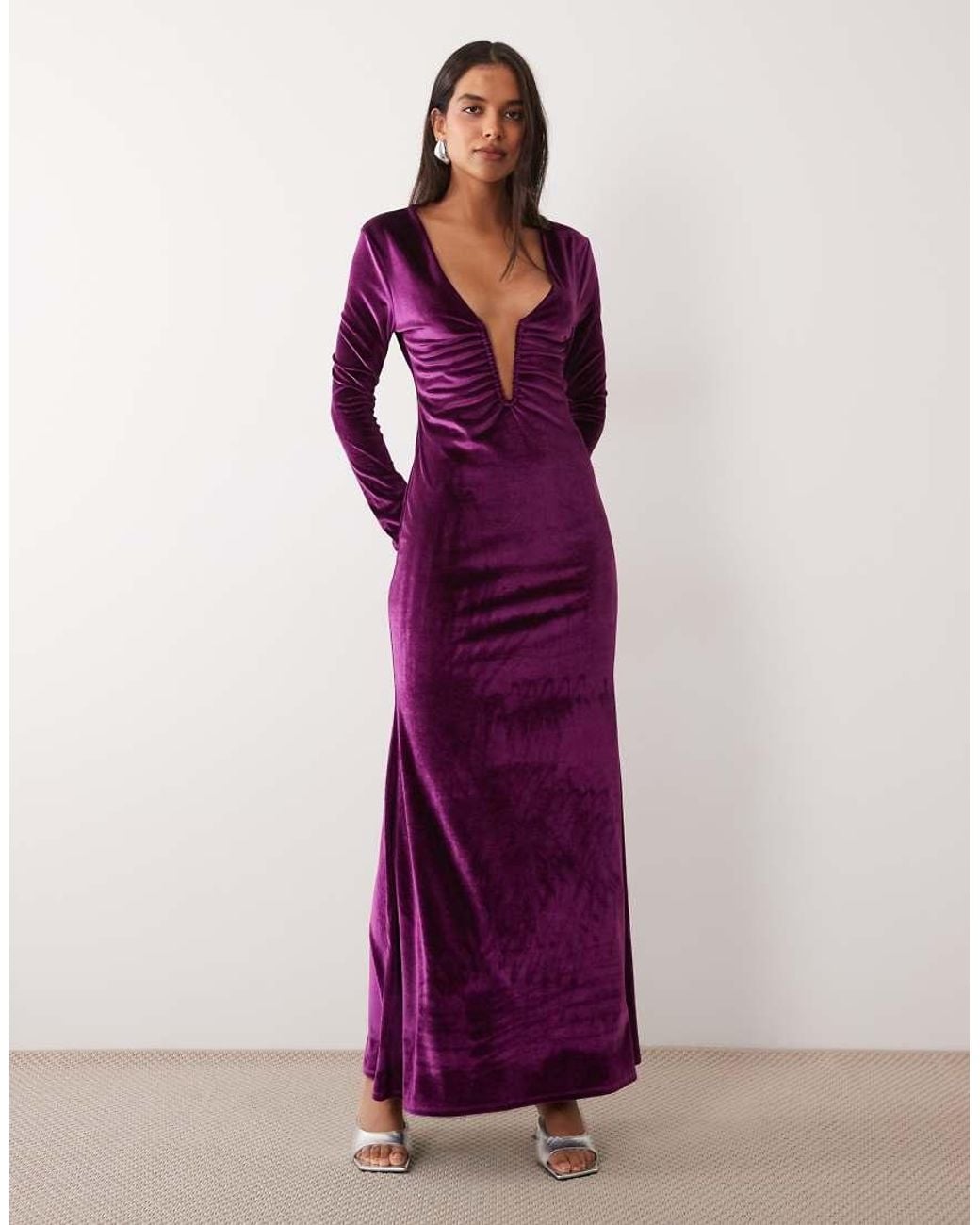 ASOS Purple Velvet Plunge Long Sleeve Maxi Dress