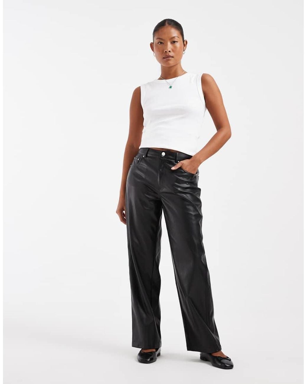 Only Petite Black High Waist Faux Leather Trousers