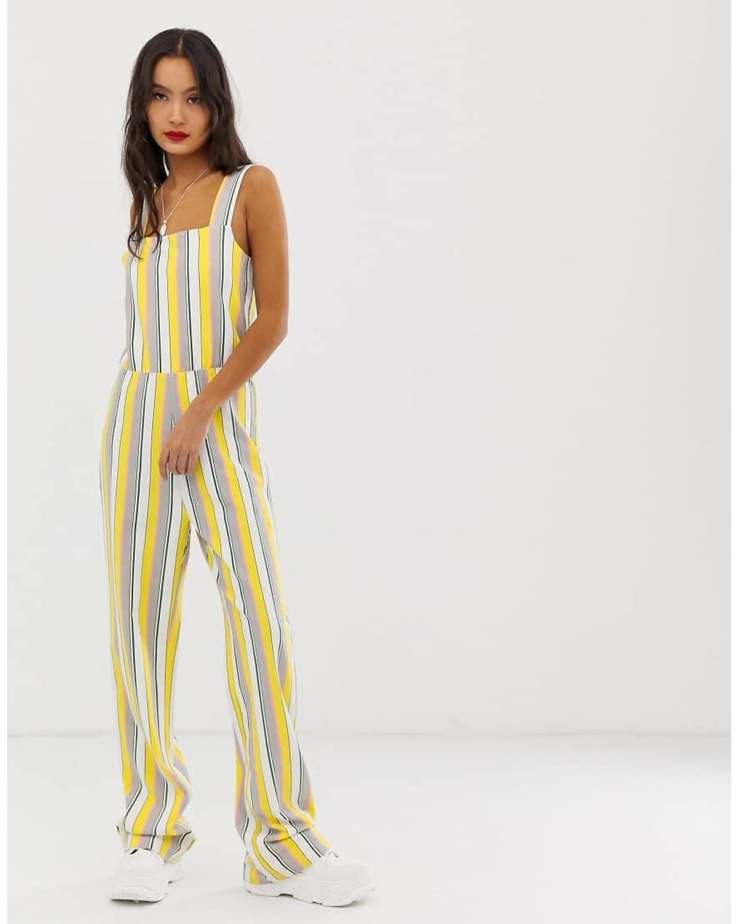 Noisy May Multicolor Bright Stripe Wide Leg Jumpsuit-white