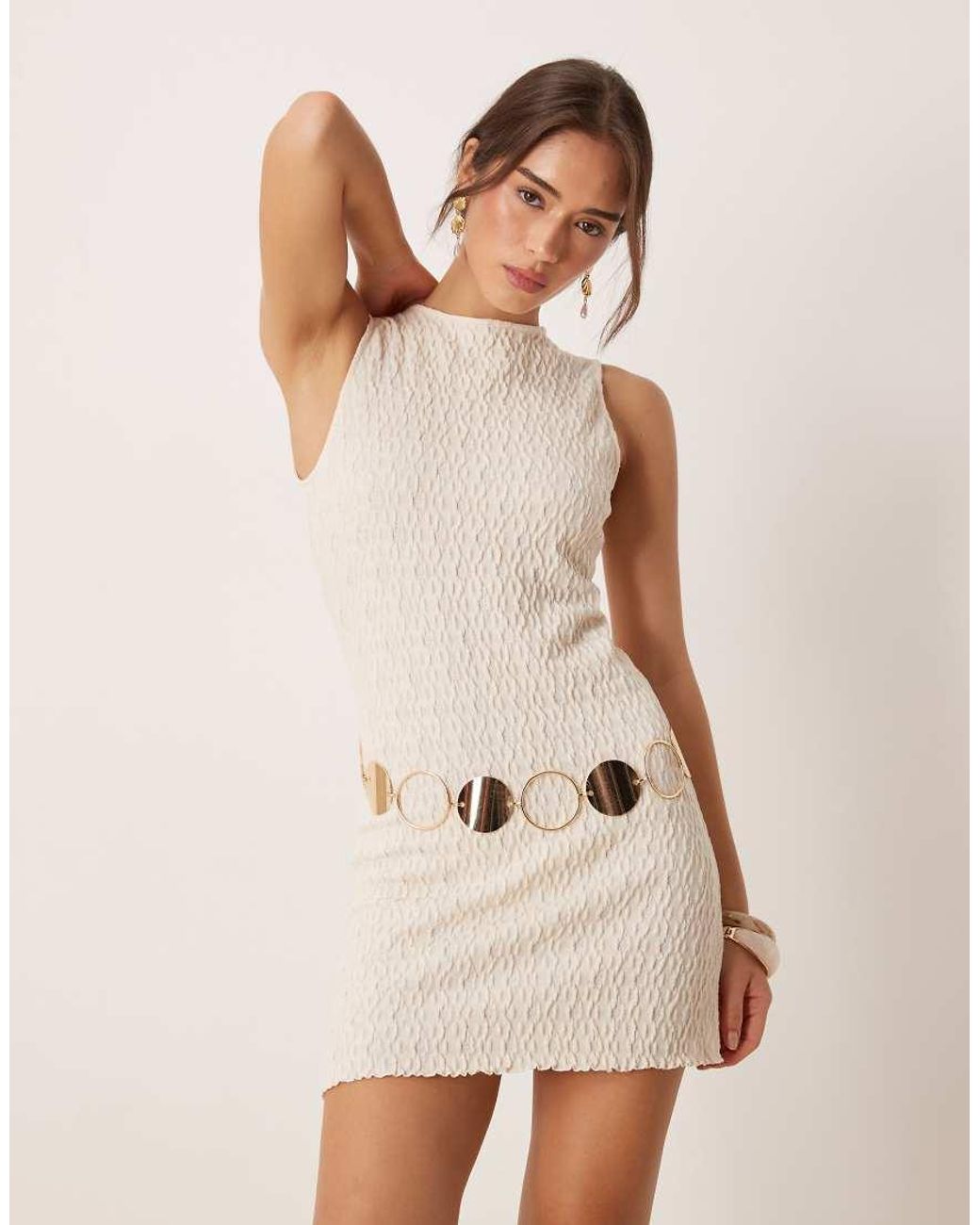 Mango Natural Cotton Mix Textured Round Neck Mini Dress With Lettuce Hem