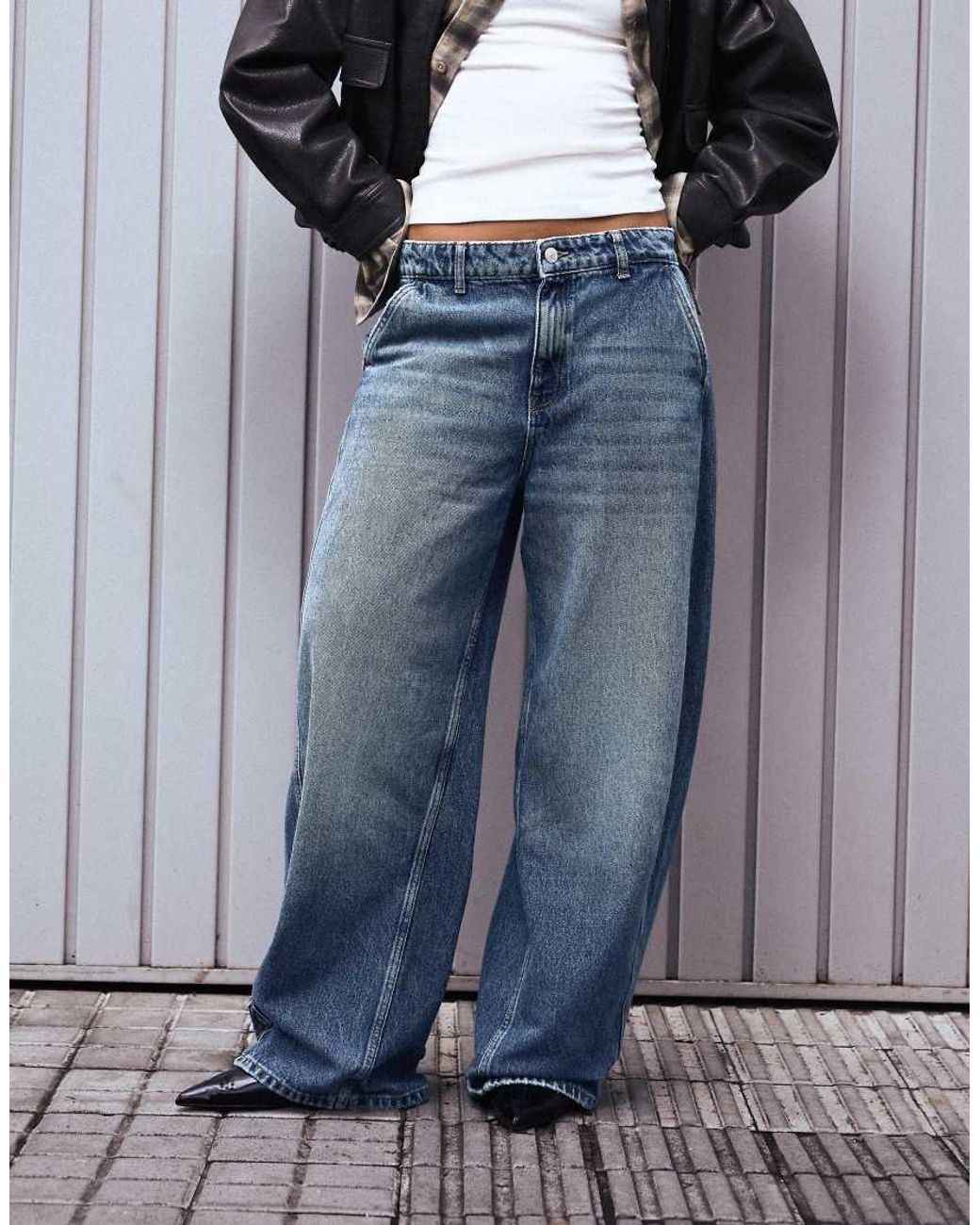 Bershka Blue High-waist Barrel Jeans With Leather Effect Pocket
