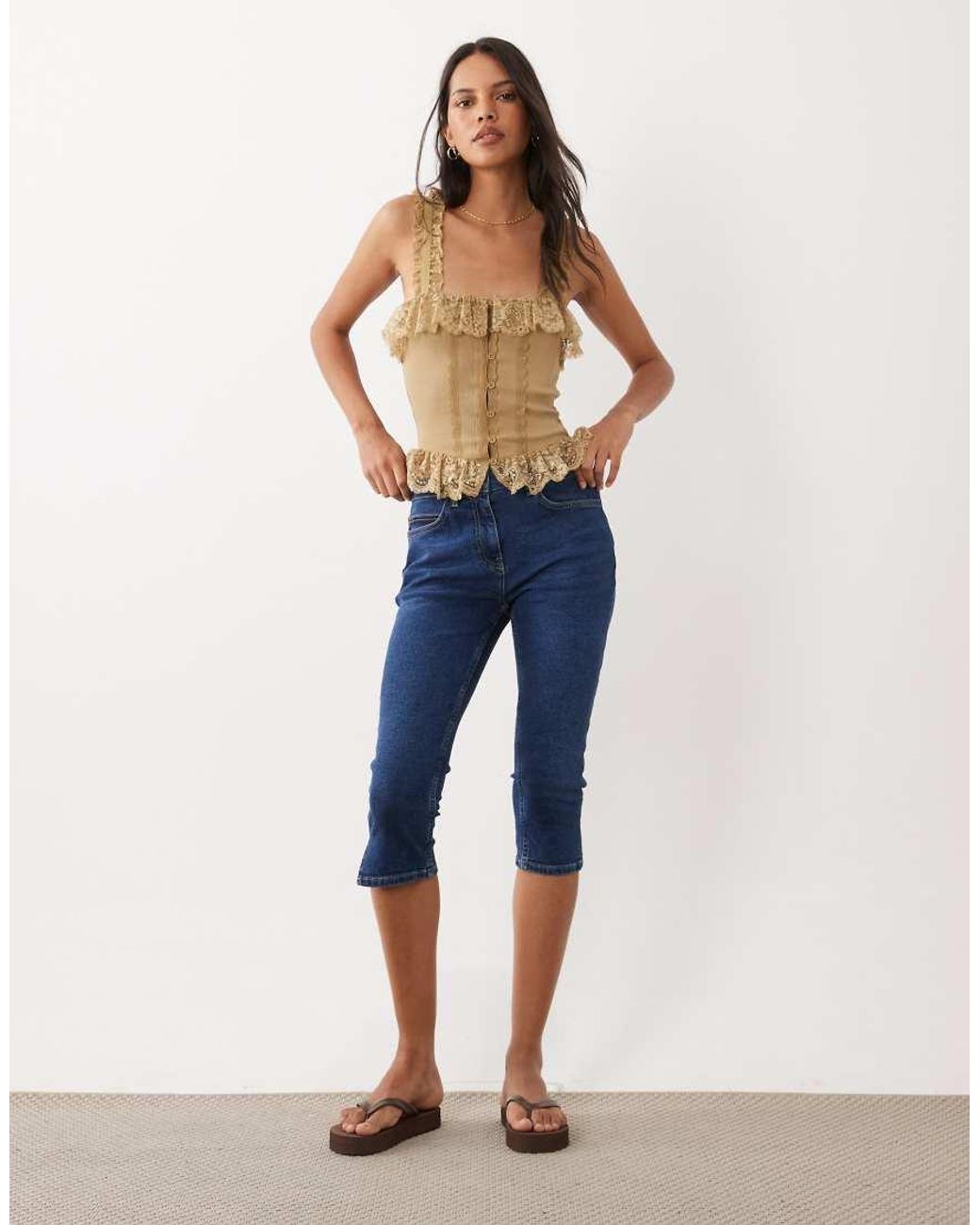 Miss Selfridge Blue Button Through Cami Corset Top With Lace