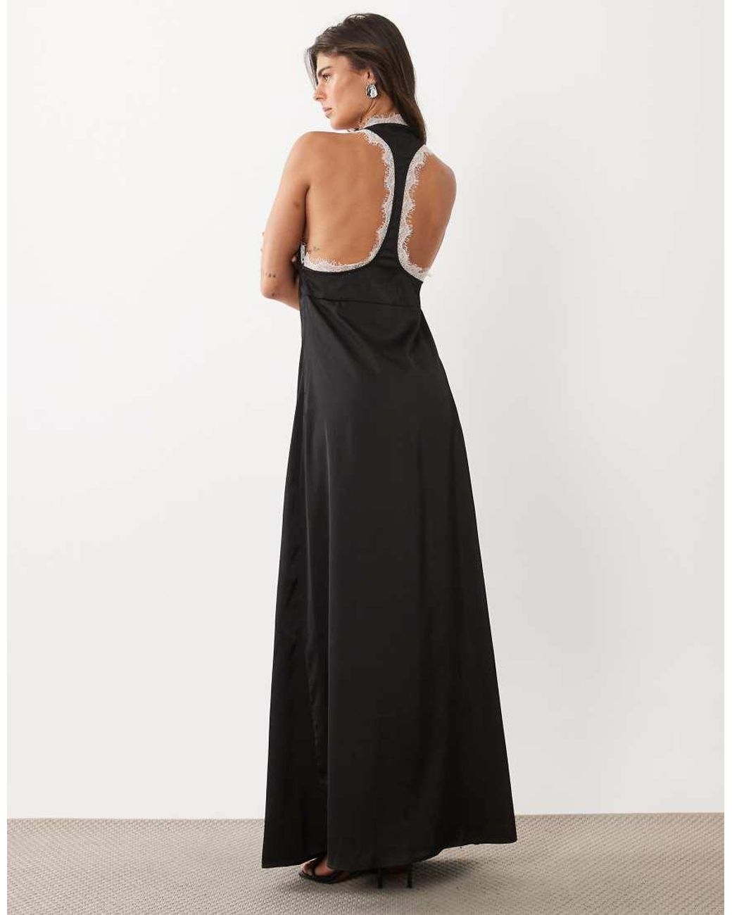 Missy Empire Black Missy Empire Satin Contrast Lace Trim Back Detail Maxi Dress