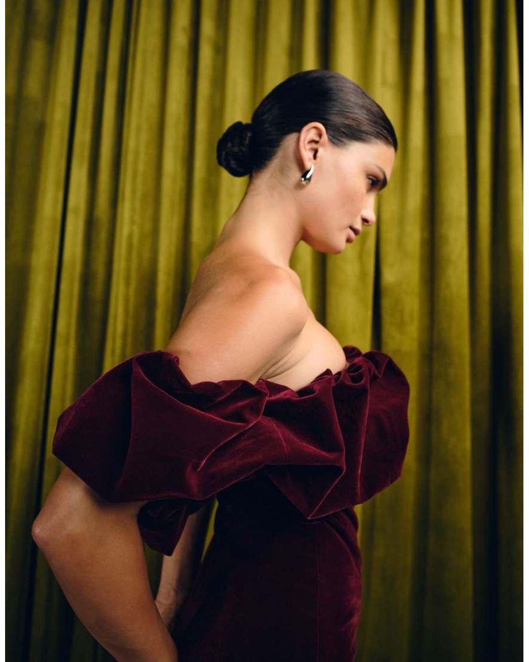 The Frolic Green Exclusive Velvet Ruched Bardot Mini Dress