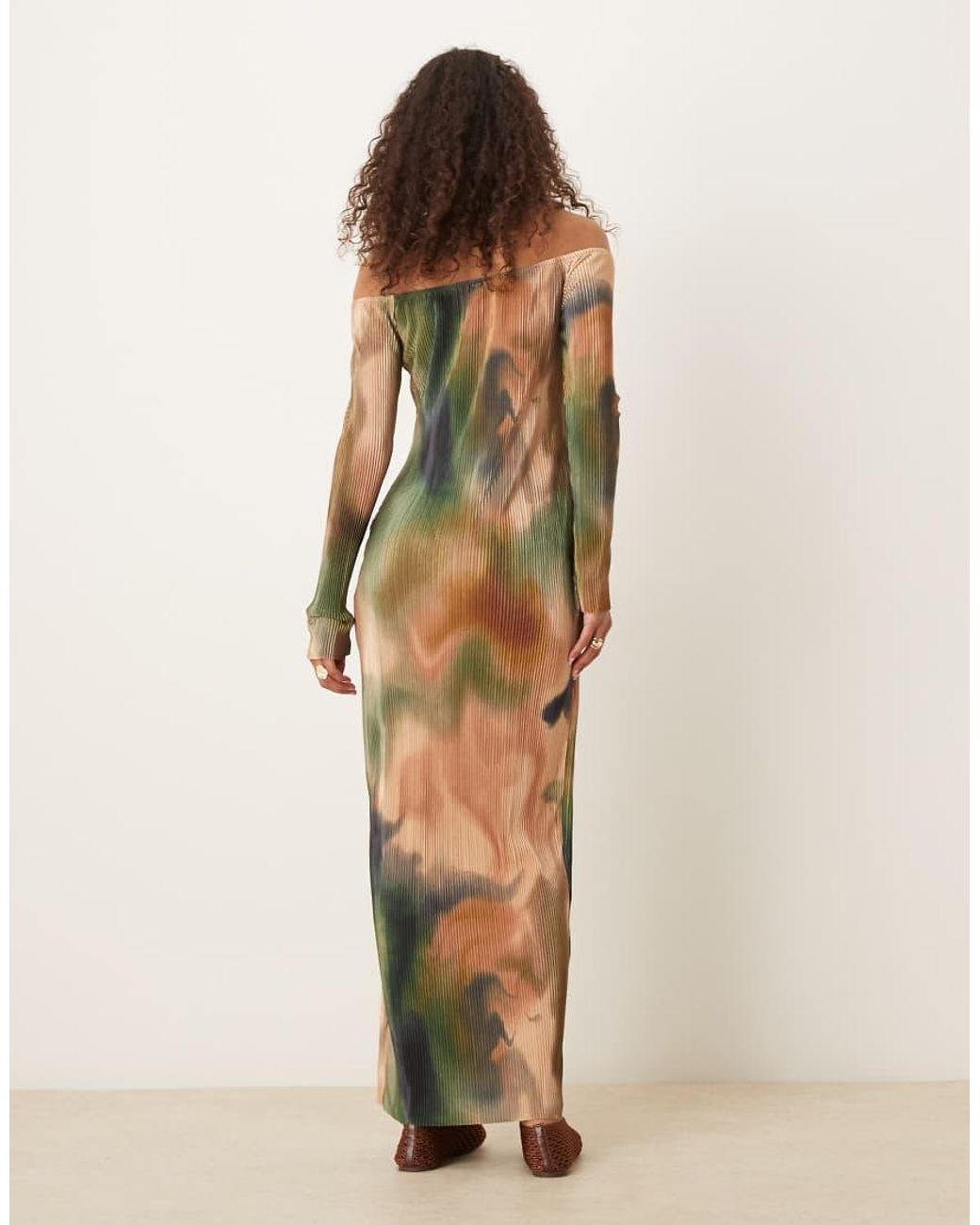 ASOS Natural Plisse Bardot Long Sleeve Maxi