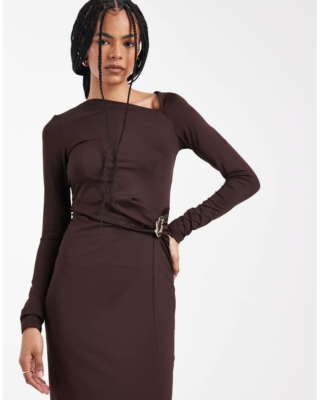 4th & Reckless Brown Double Layered Slinky Off-shoulder Metal Hardware Maxi Dress