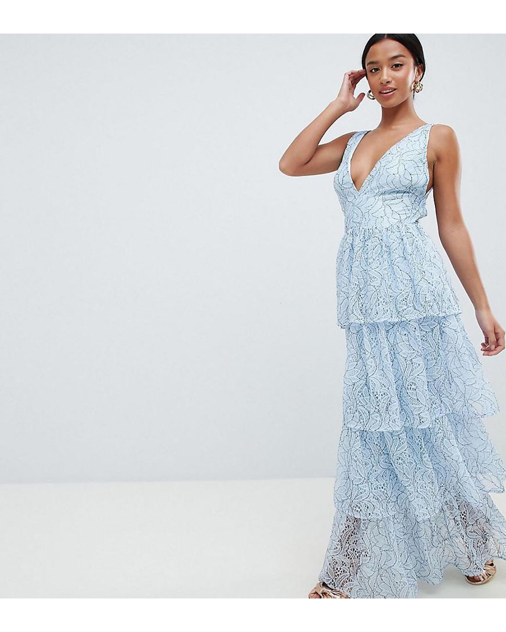 Missguided Exclusive Petite Lace Tiered Maxi Dress in Blue | Lyst