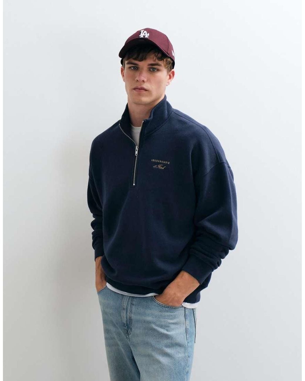 Abercrombie & Fitch Blue Script Logo Oversized 1/4 Zip Sweatshirt for men