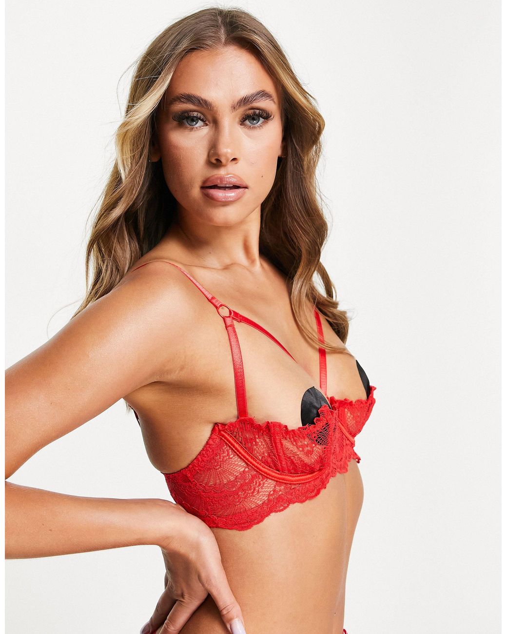 Ann Summers Kora 1/4 Cup Lace Bra And Skirted Thong Set With Suspender  Detail in Red