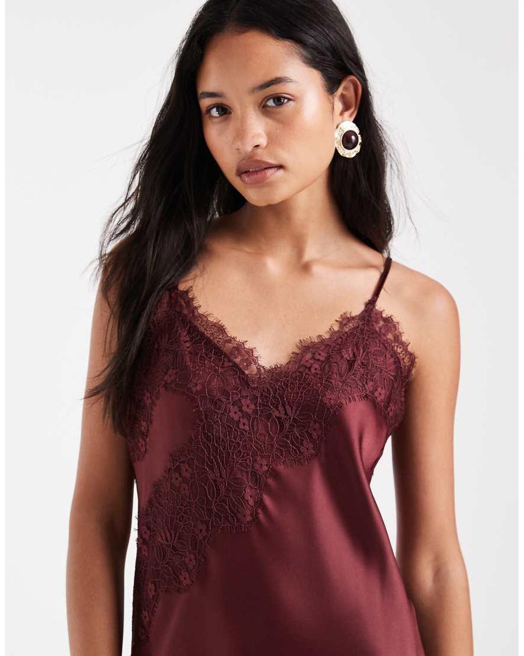 ONLY Red Asymmetric Lace Trim Satin Mini Dress