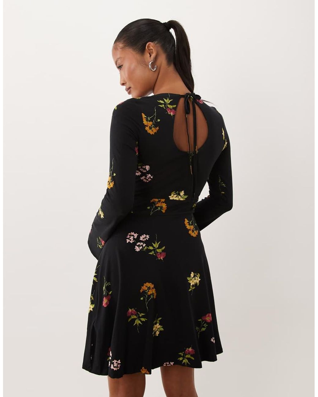 Nobody's Child Petite Black Stretch Slash Neck Fluted Sleeve Mini Skater Dress