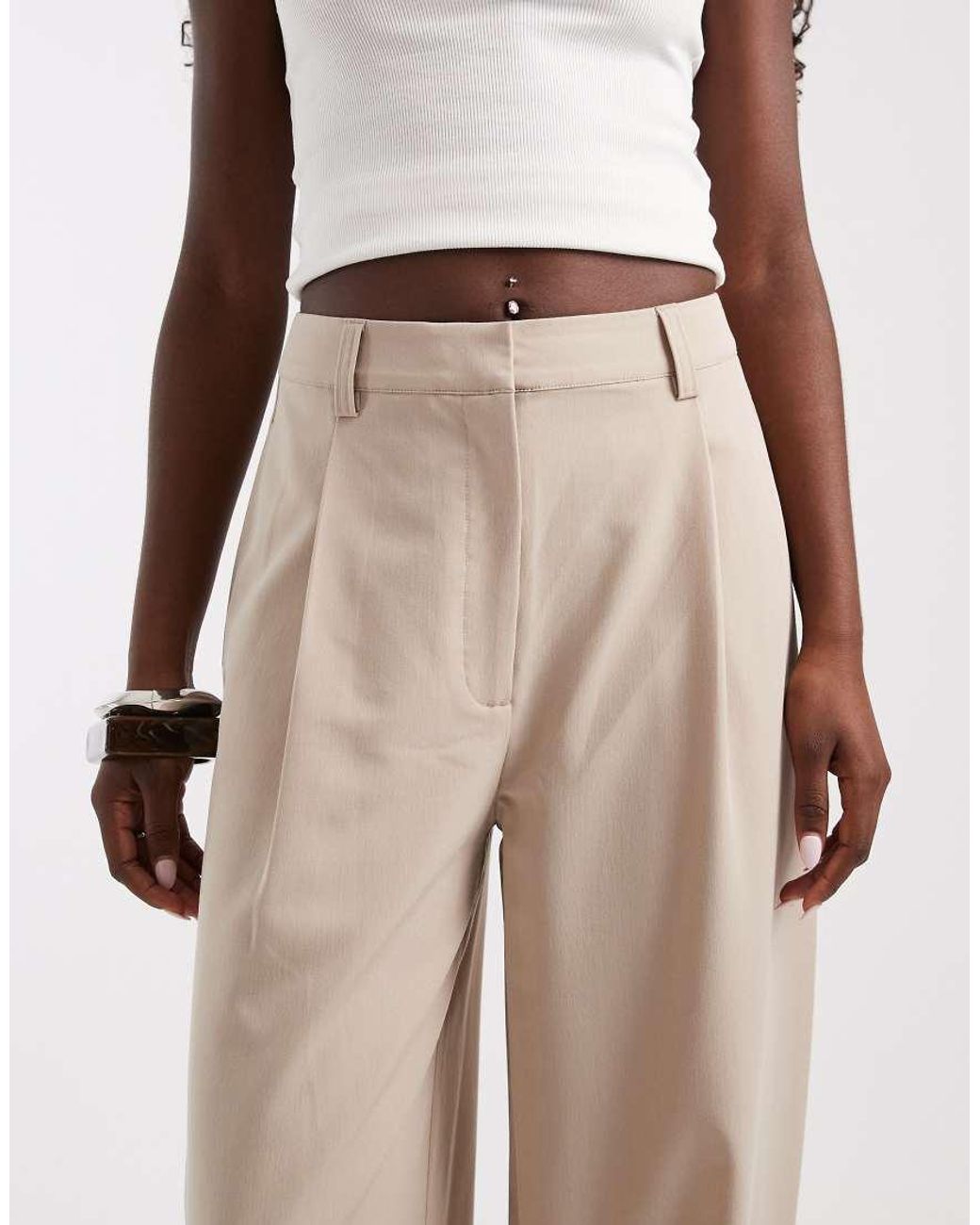 ASOS Natural Tailored High Waisted Wide Leg Trousers With Turn Up