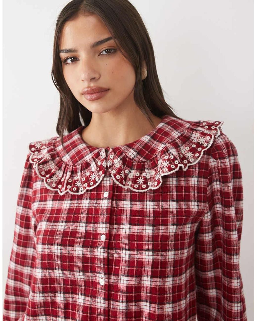 Nobody's Child Cotton Frill Collar Embroidered Trim Pyjama Blouse Co-ord
