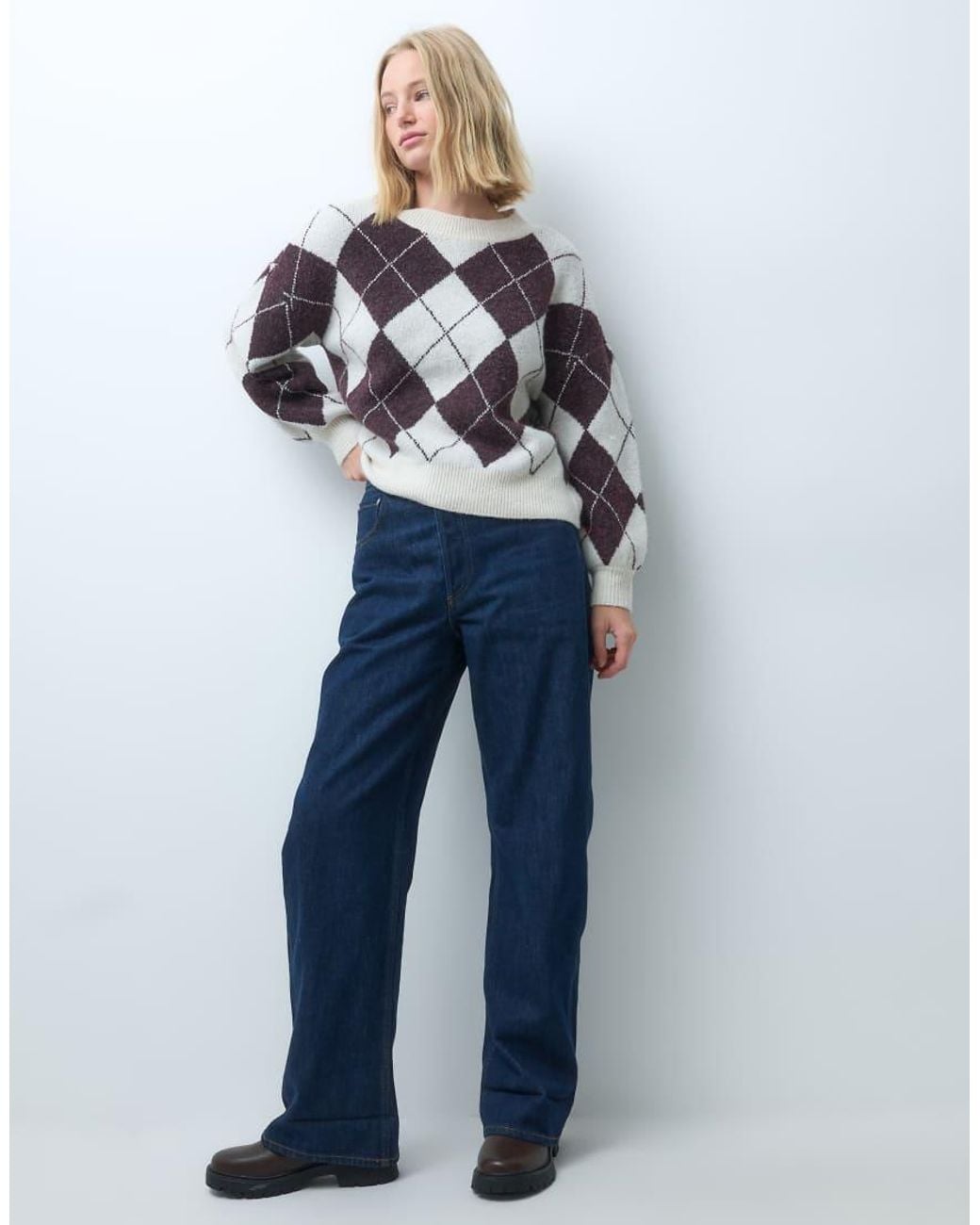 Vero Moda Gray Oversized Argyle Knitted Jumper