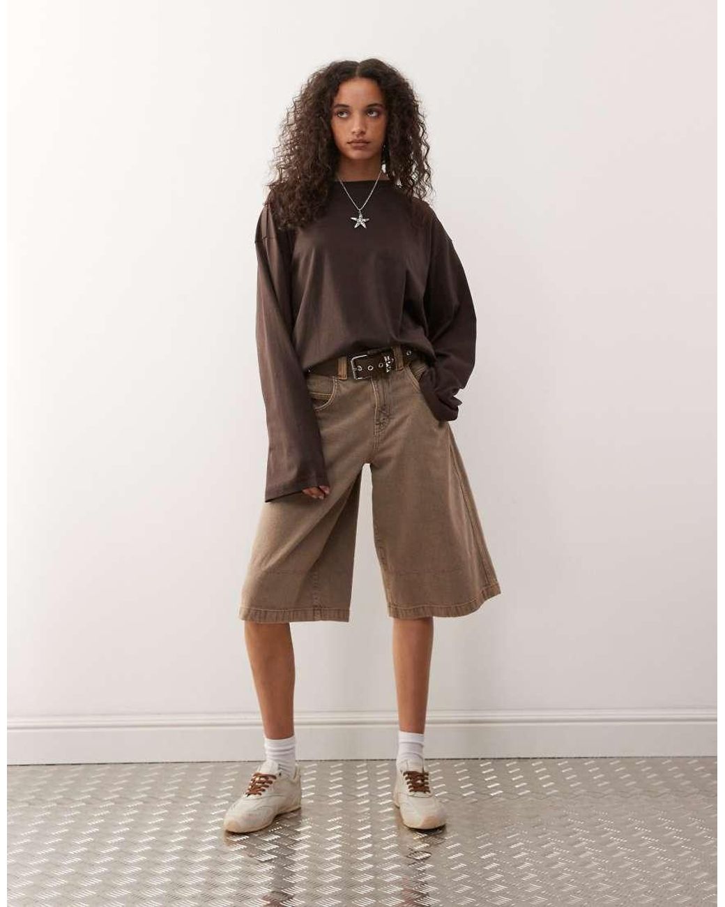 Monki Brown Oversized Long Sleeve T-shirt With Side Slits