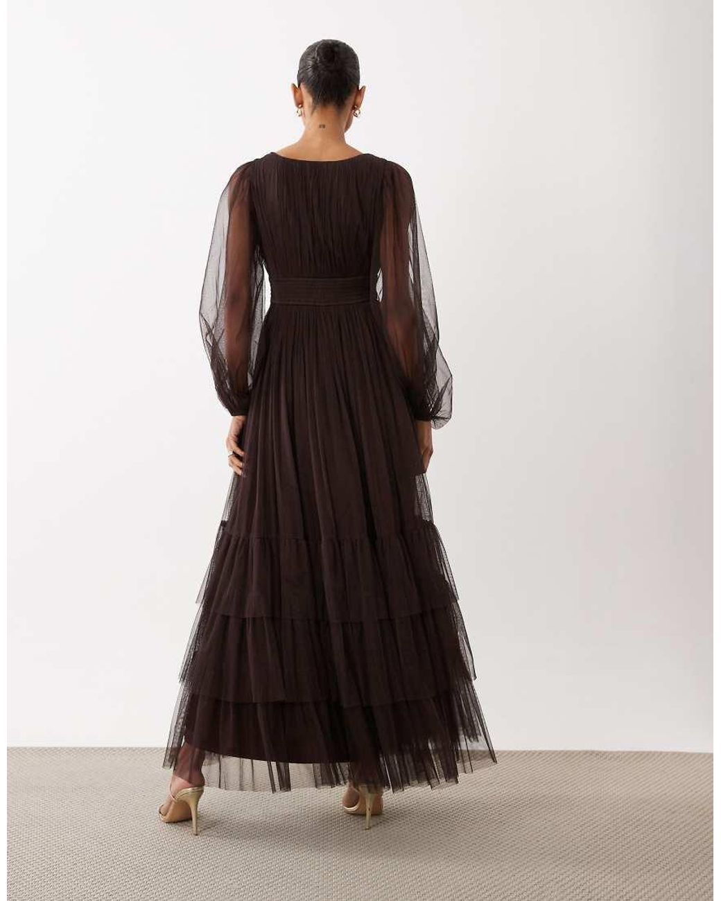 LACE & BEADS Black Bridesmaid Tulle Sheer Sleeve Plunge Neck Tiered Maxi Dress