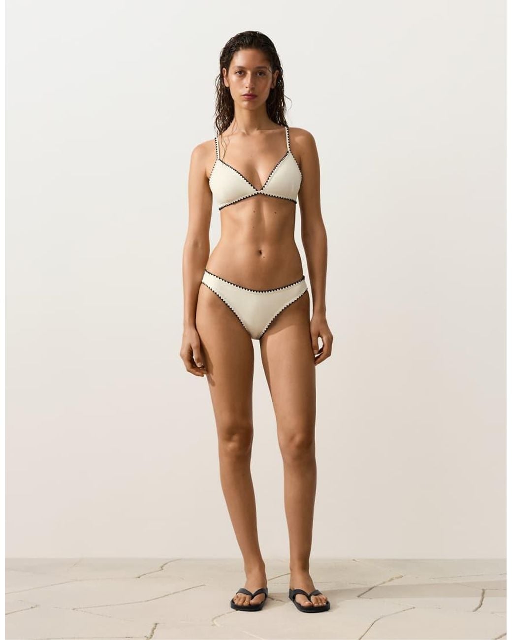 Oysho Natural Contrast Stitch Triangle Bikini Top