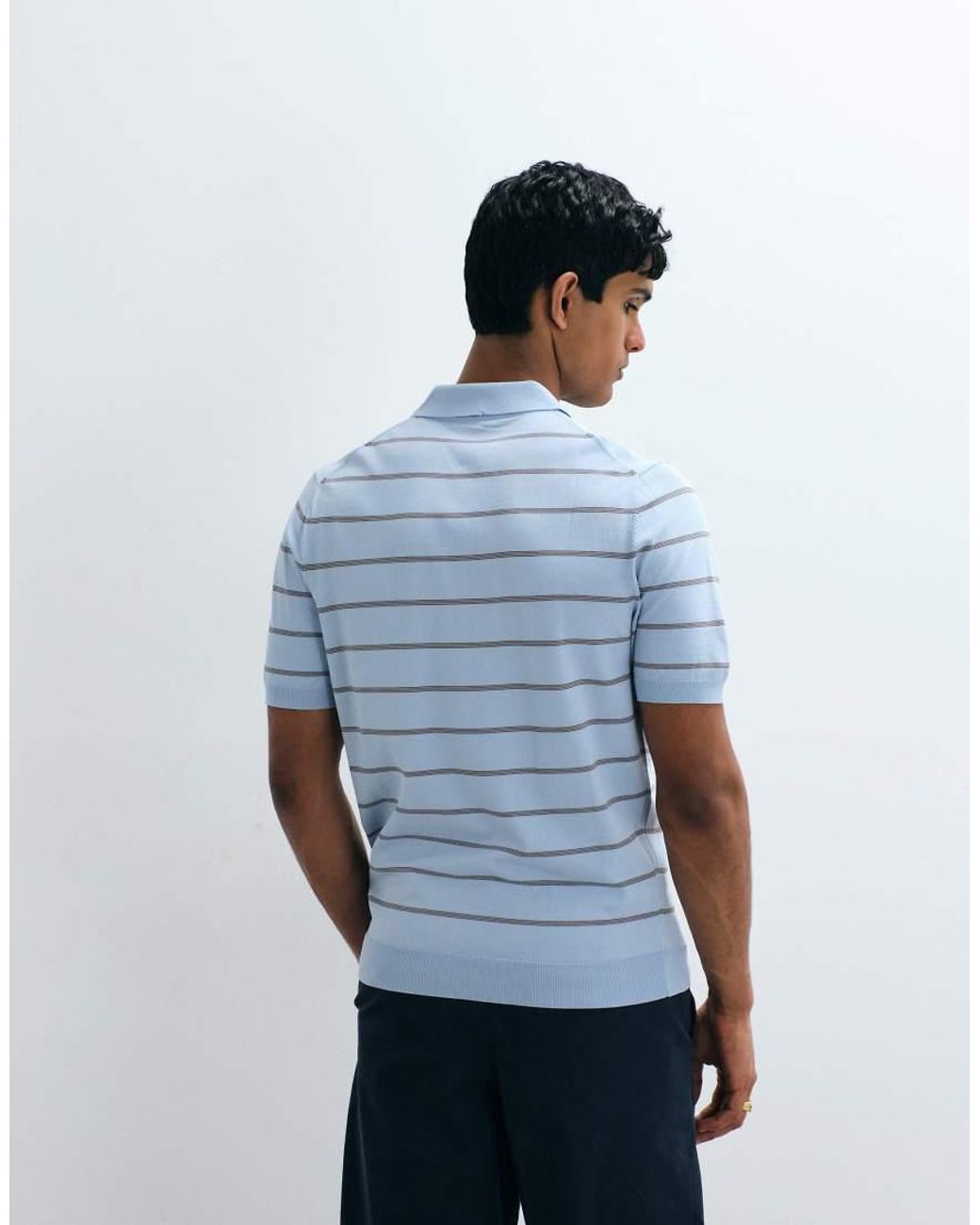 Mango Blue Knitted Striped Polo T-shirt for men