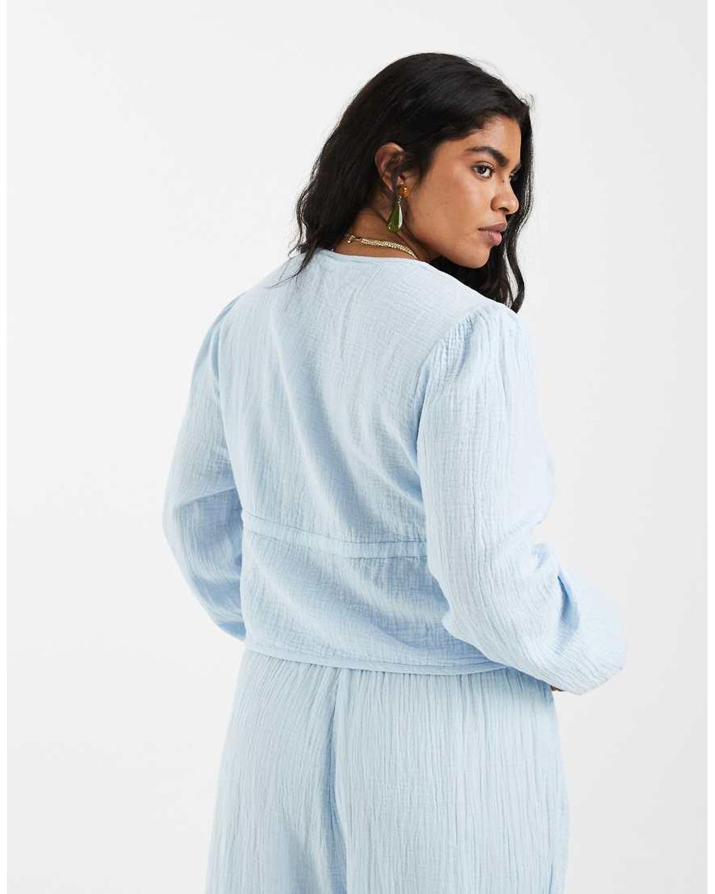 Pieces Plus Blue Pieces Curve Crinkle Cotton Tie Front Long Sleeve Top