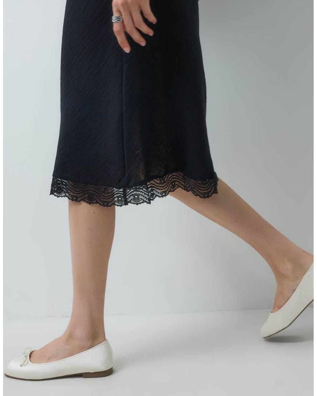 Reclaimed Vintage Blue Flax Textured Awkward Length Midi Skirt With Lace Trim