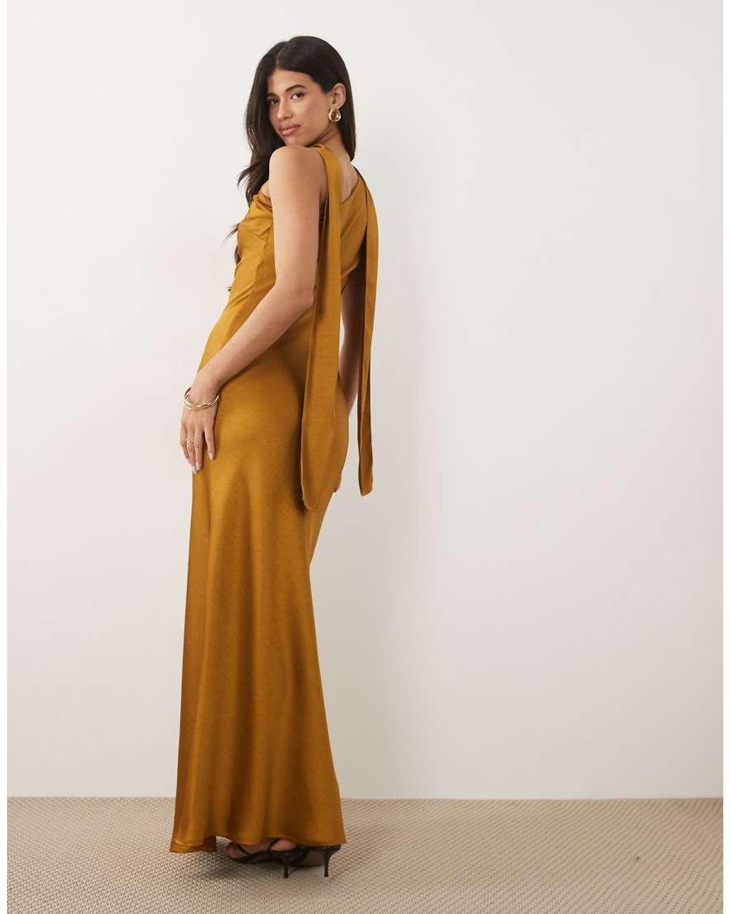 TFNC London Brown Satin One Shoulder Maxi Dress With Scarf