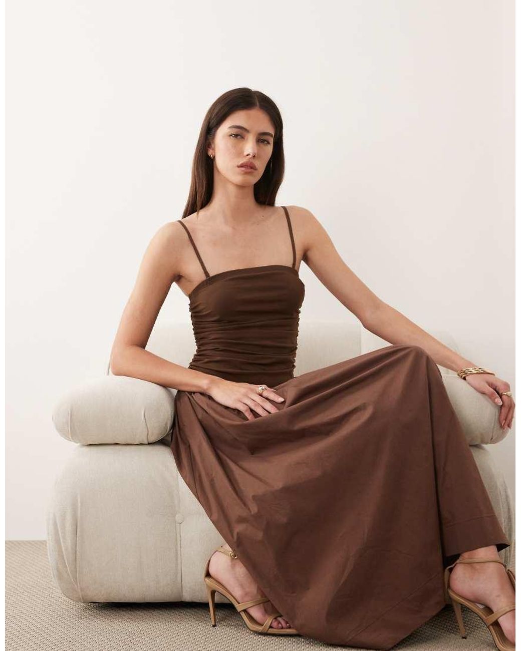 Never Fully Dressed Natural Lola Cami Ruched Bodice Drop Waist Midi Dress