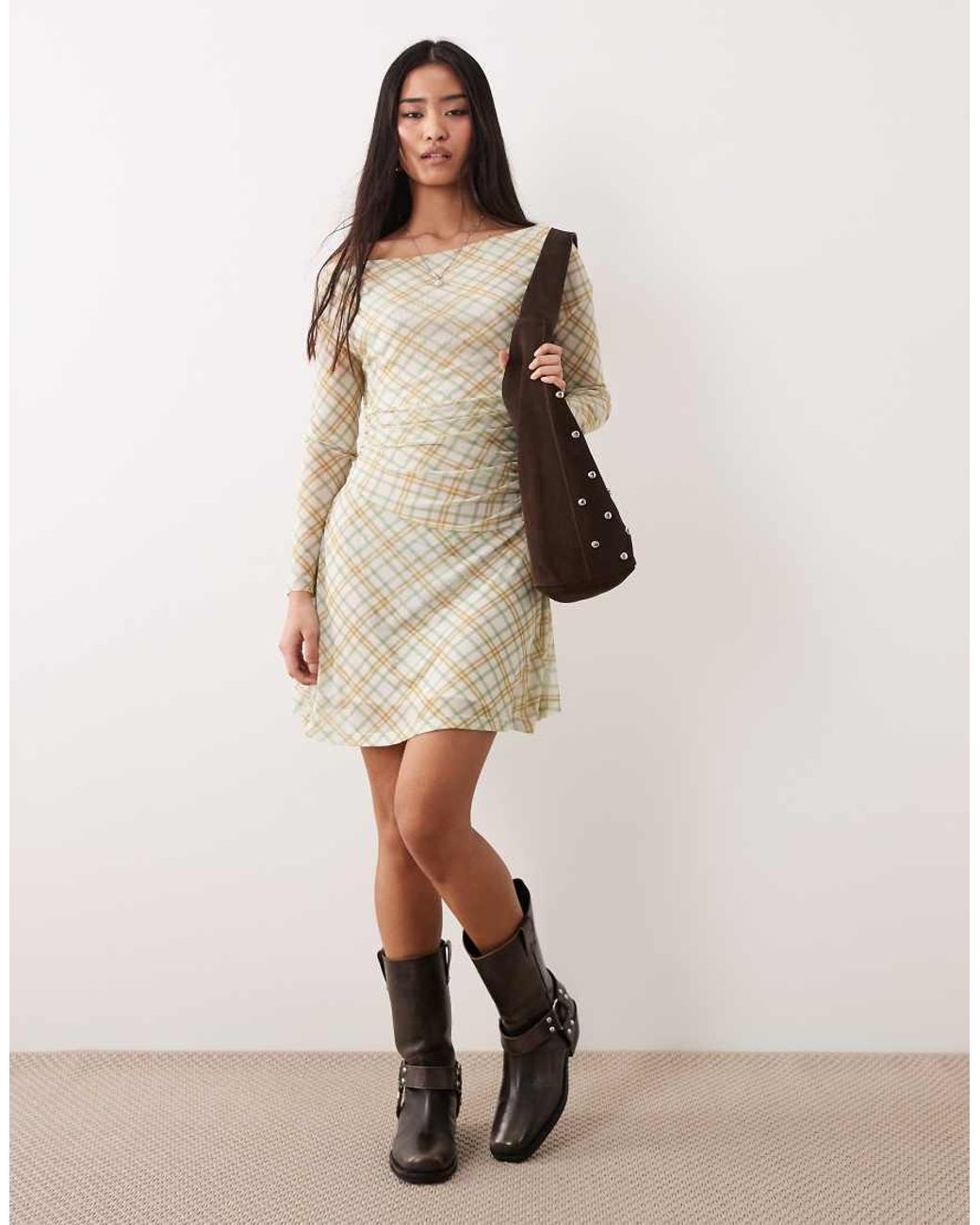 ASOS Natural Long Sleeve Fallen Shoulder Mini Dress