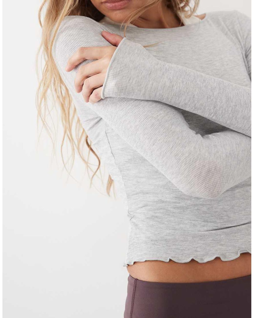4505 Gray Modal Blend Ribbed Long Sleeve Lettuce Edge Layering Top