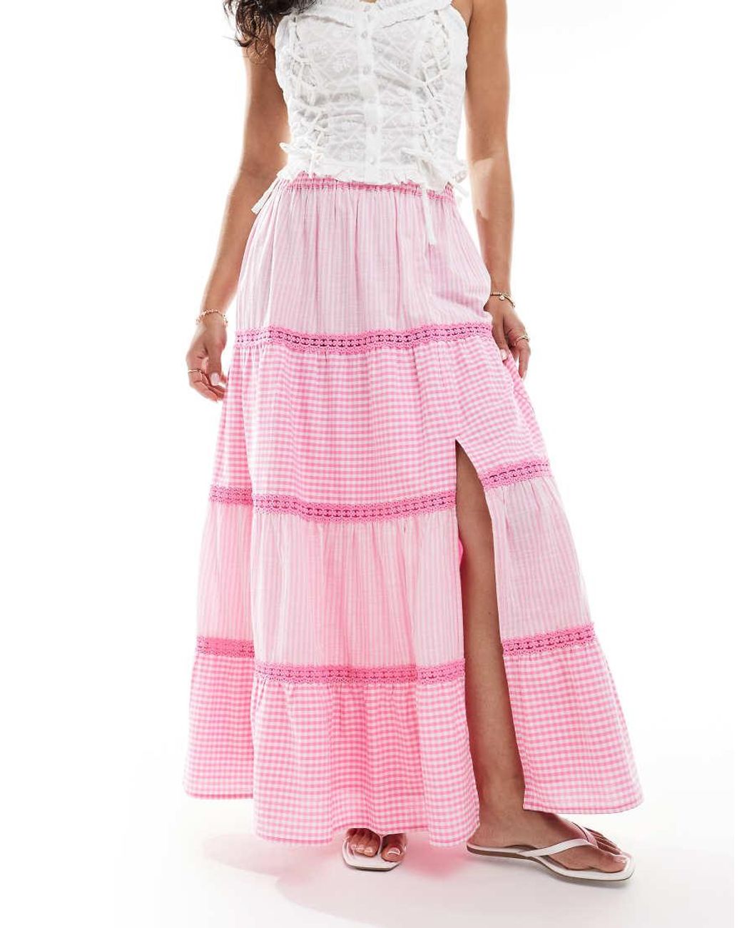 Miss Selfridge Pink Gingham And Stripe Mix Maxi Skirt