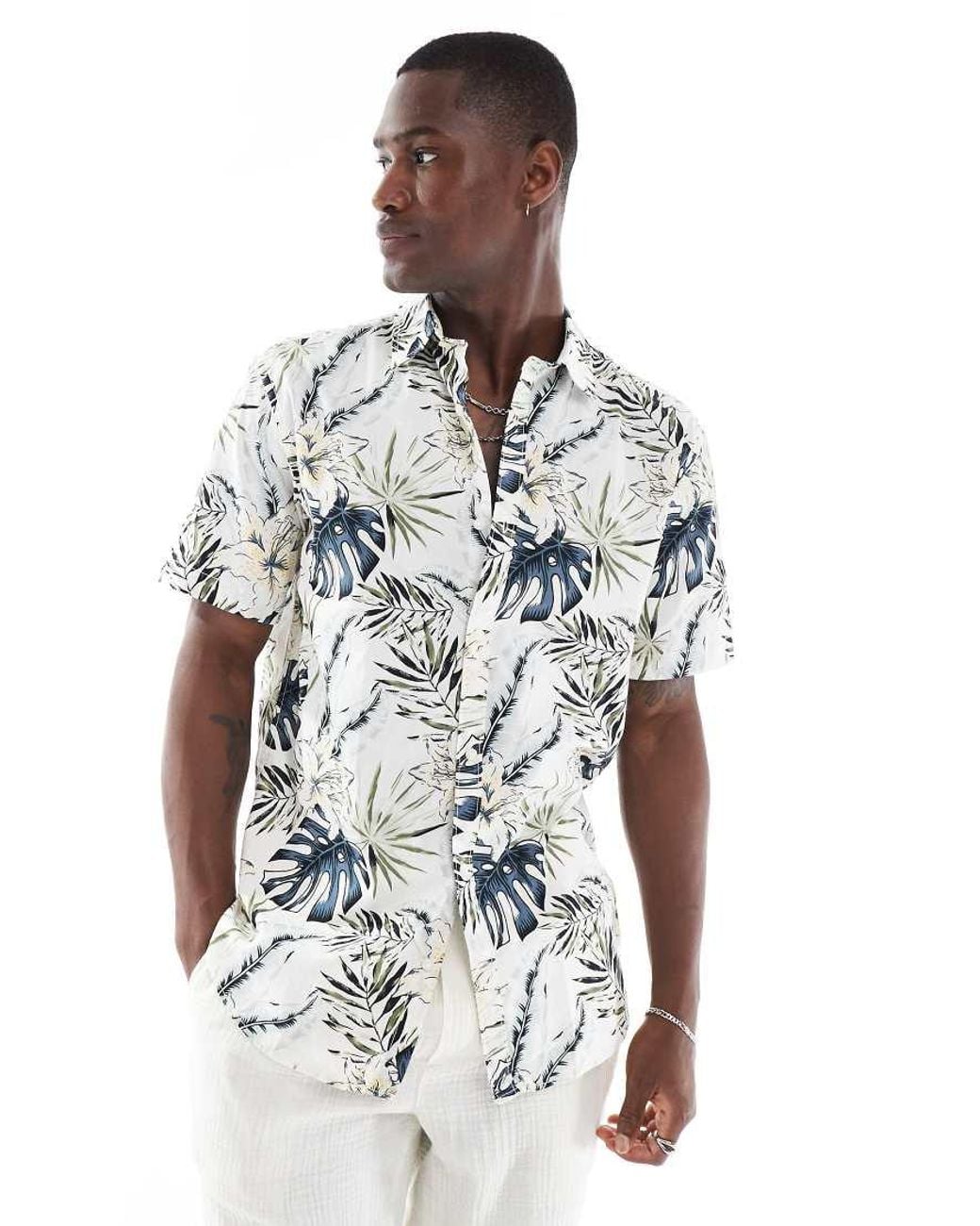 Camicia A Maniche Corte Color Crema Con Stampa Hawaiana di Jack & Jones in White da Uomo