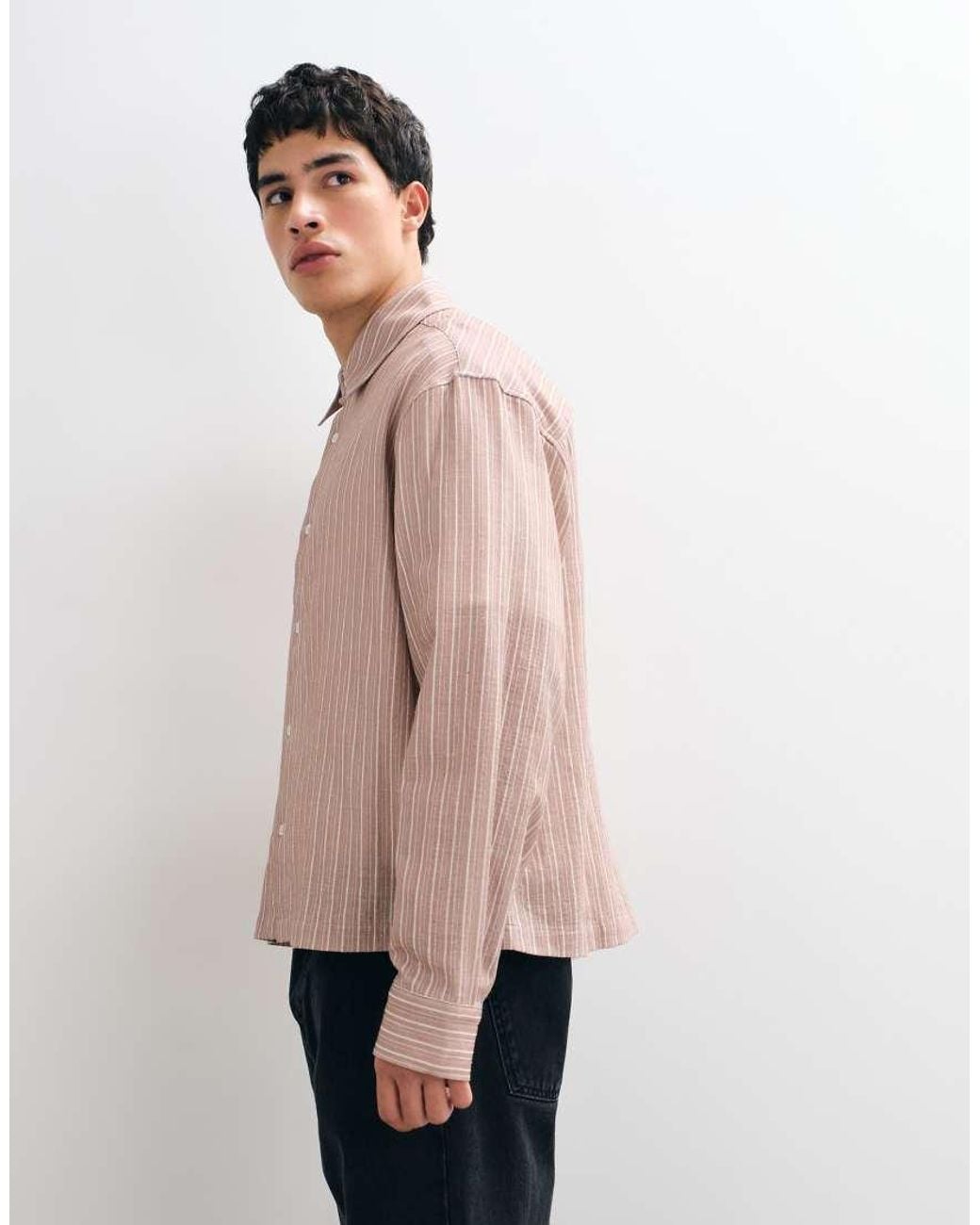 ASOS Pink Boxy Oversized Linen Look Stripe Shirt for men
