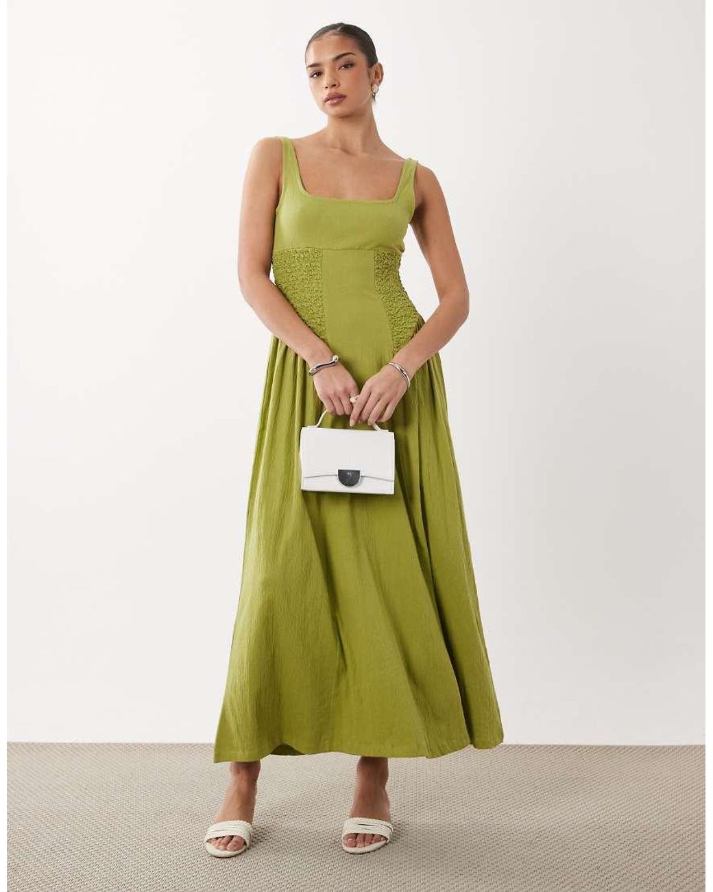 ASOS Green Crinkle Square Neck Panel Detail Midi Dress