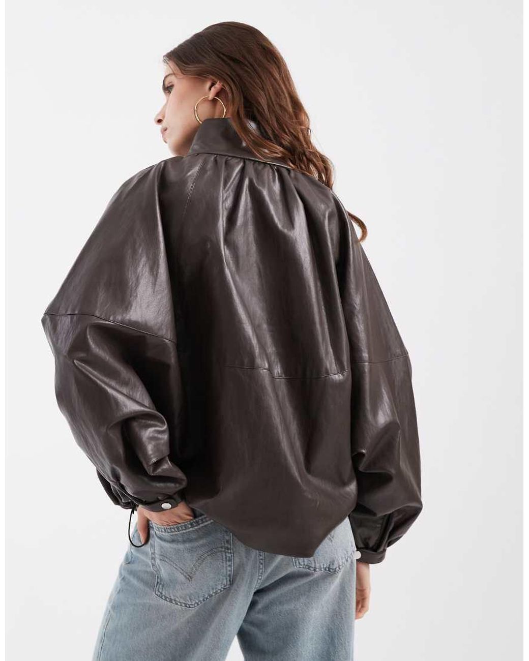 ONLY Brown Funnel Neck Faux Leather Bomber Jacket