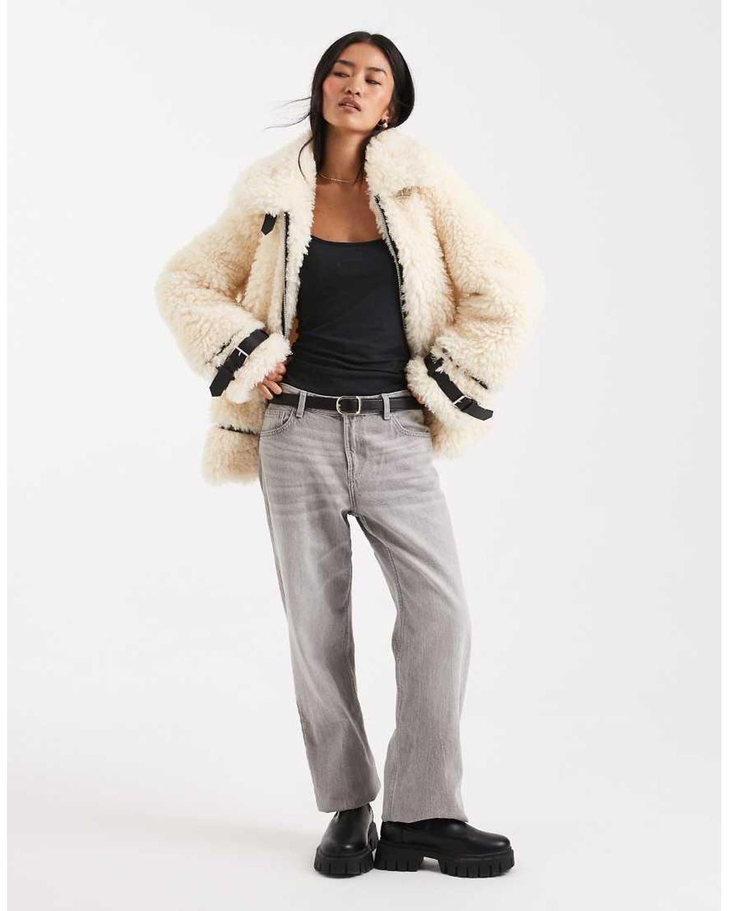 Miss Selfridge Natural Teddy Oversized Aviator Jacket
