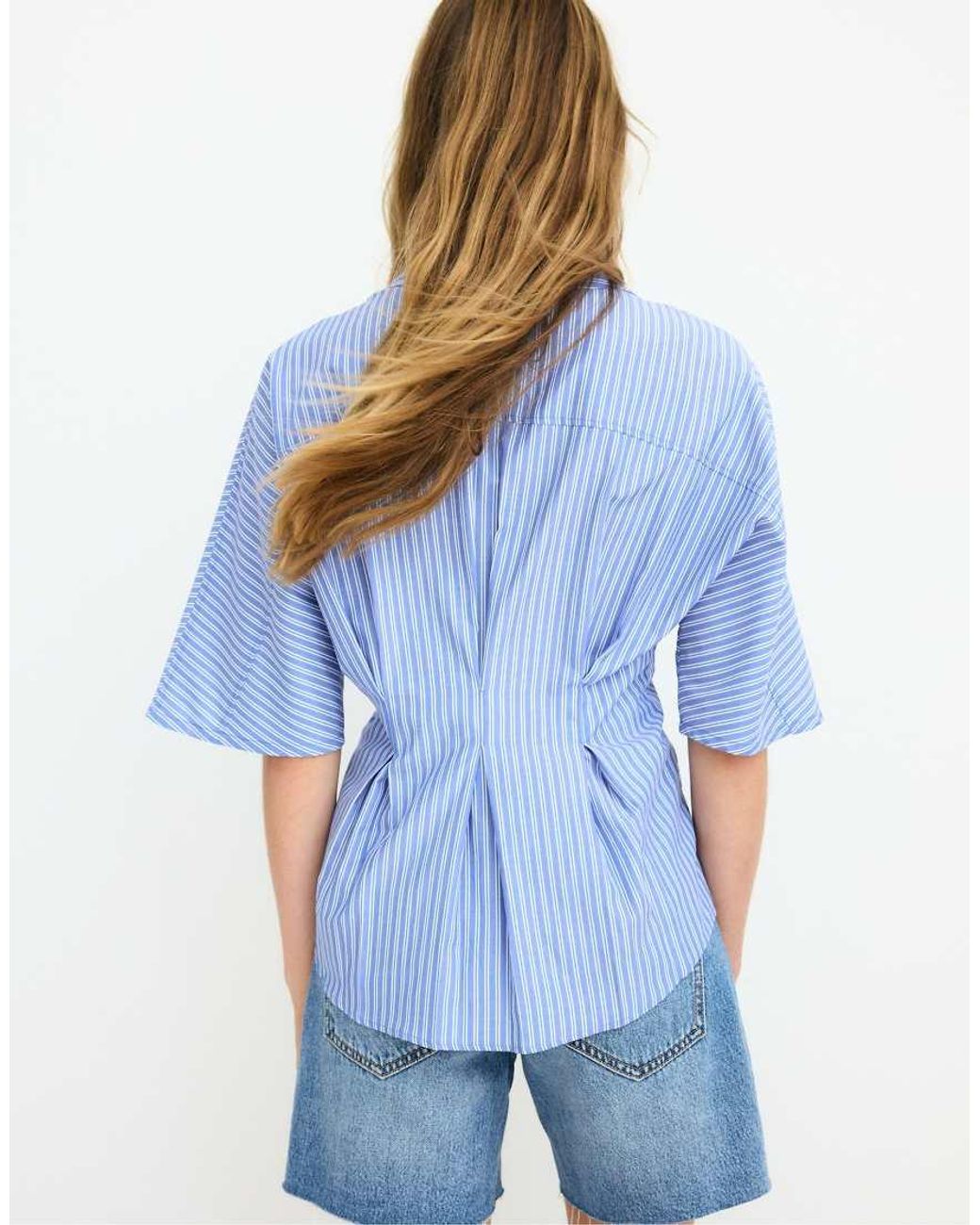 Stradivarius Blue Poplin Shirt With Kimono Sleeves & Waist Pleats