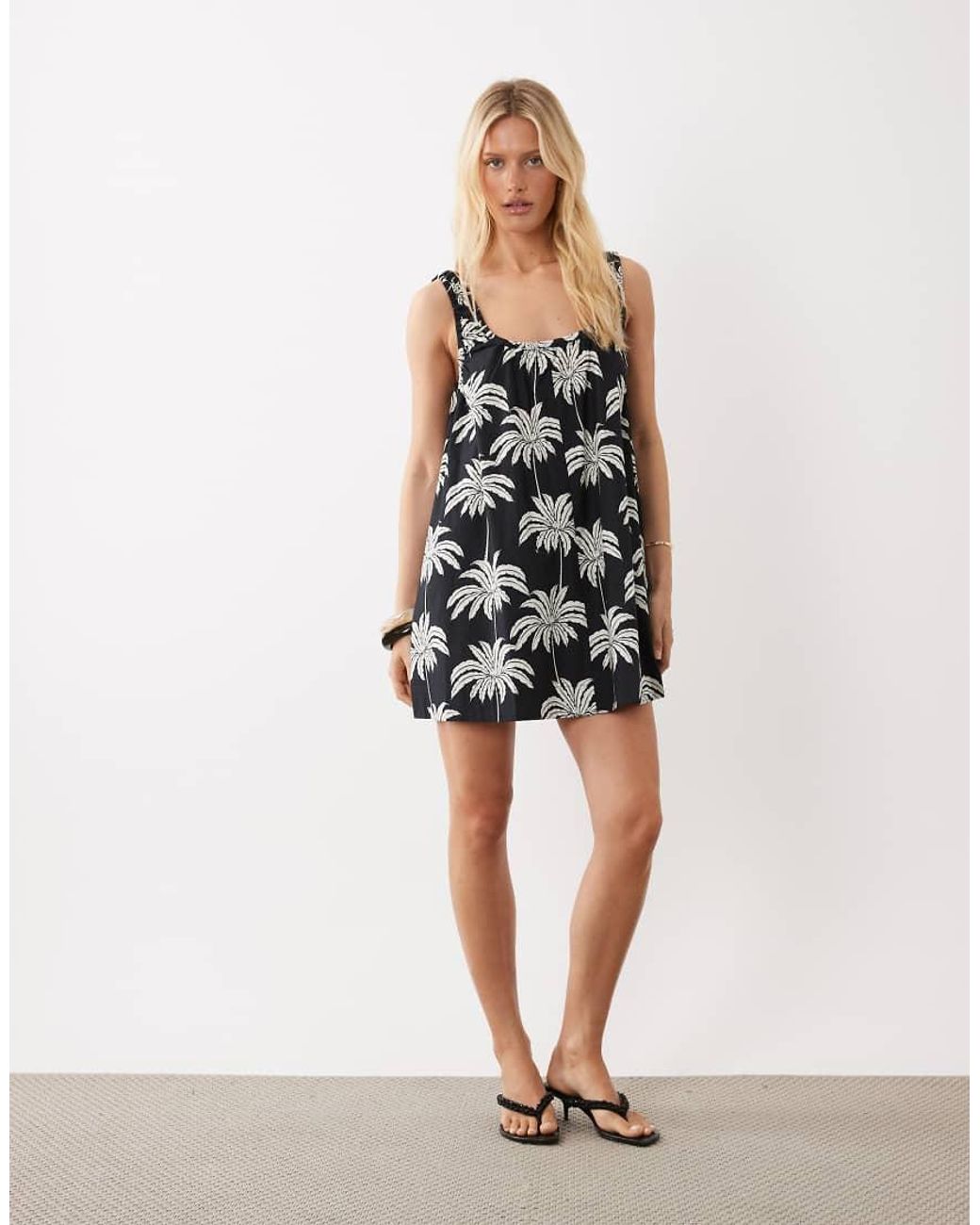 Vila White Ruched Strap Palm Print Cami Mini Dress