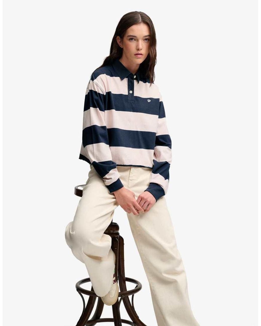 Superdry Blue Athletic Essential Cropped Stripe Rugby Top