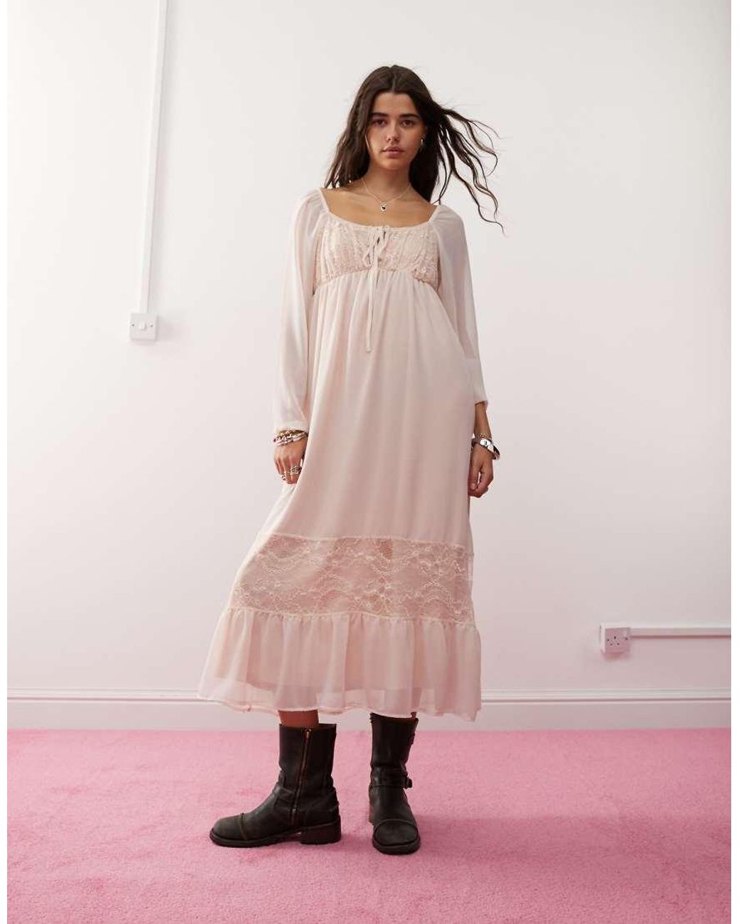 Pink lace boho dress best sale