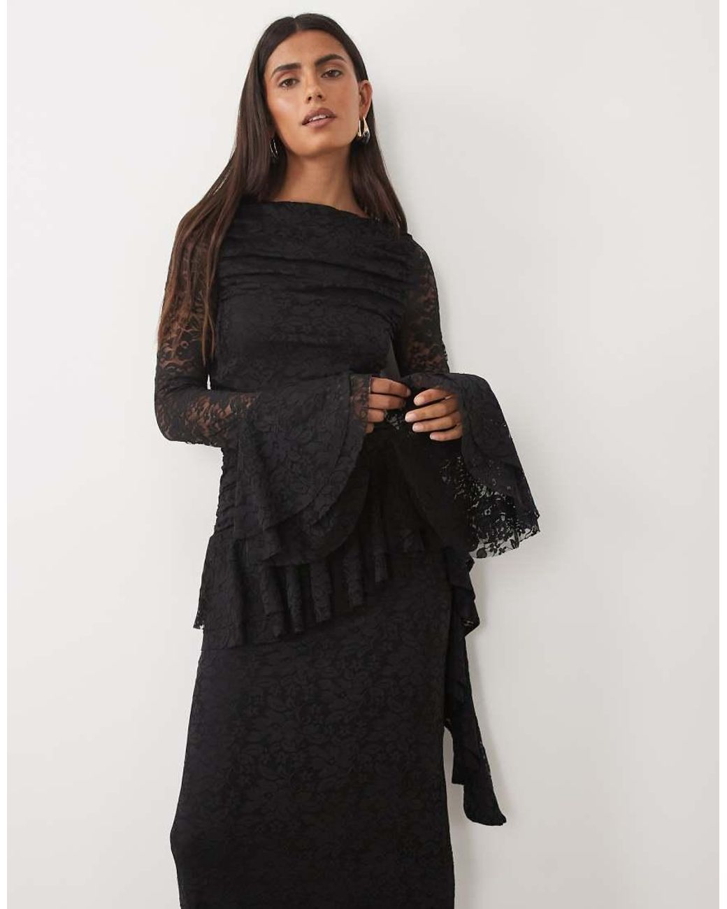 ASOS Black Lace Maxi Dress With Ruching And Frill Details
